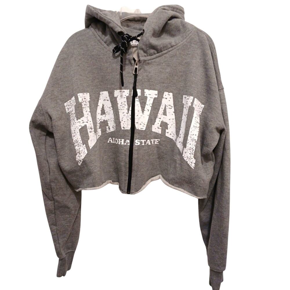 RR Hawaii Resort Cropped Hoodie Zip Jacket Sweatshirt M Gray Preppy Sporty Beach